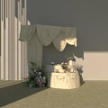 Elegant Floral Display with Beige Drapery Canopy and Pink White Flower Arrangements on Decorative Table
