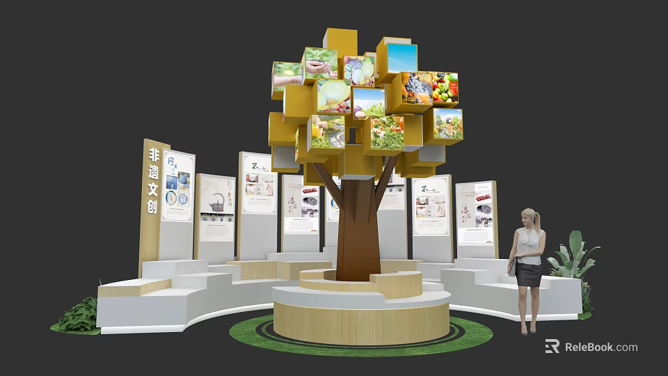 Exhibition Island With Tree Shaped Structure Display Screens And Information Panels 3d model