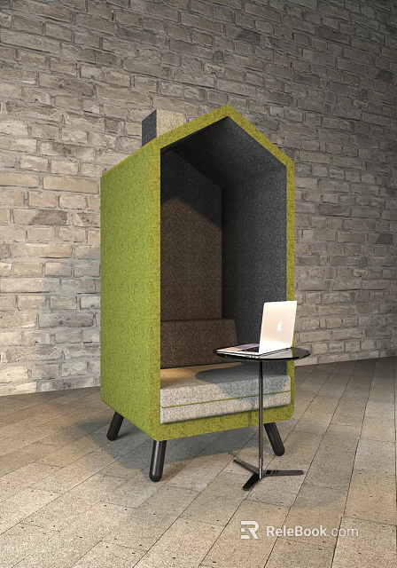 Green Pod Like Leisure Chair With Small Table Laptop And Brick Wall Background 3d model 
