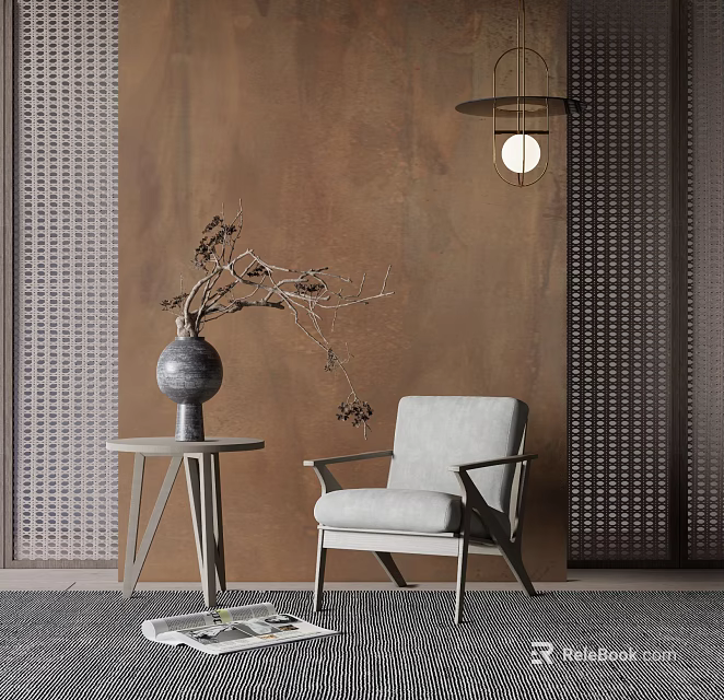 Light Gray Accent Chair by Side Table with Dried Branch Vase and Brown Textured Wall 3d model 