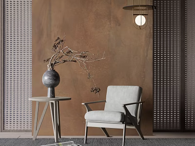 Light Gray Accent Chair by Side Table with Dried Branch Vase and Brown Textured Wall 3d model