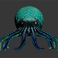 Turquoise Octopus with Spotted Body Yellow Eyes and Long Tentacles on Dark Background with Reflection