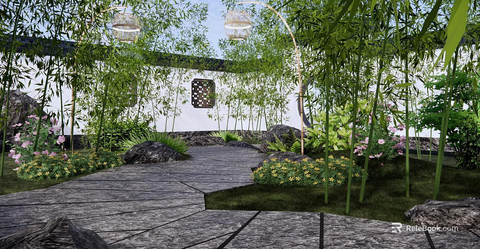Residential Landscape With Bamboo Stone Path Lanterns And Lattice Window Green Plants 3d model 