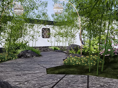 Residential Landscape With Bamboo Stone Path Lanterns And Lattice Window Green Plants 3d model