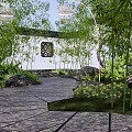 Residential Landscape With Bamboo Stone Path Lanterns And Lattice Window Green Plants