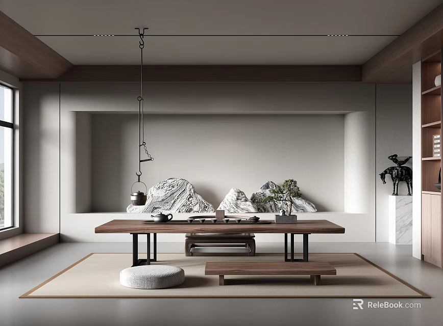 Zen Style Tea Room Interior With Wooden Table Stone Decorations And Hanging Lamp 3d model 