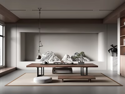 Zen Style Tea Room Interior With Wooden Table Stone Decorations And Hanging Lamp 3d model