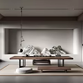Zen Style Tea Room Interior With Wooden Table Stone Decorations And Hanging Lamp