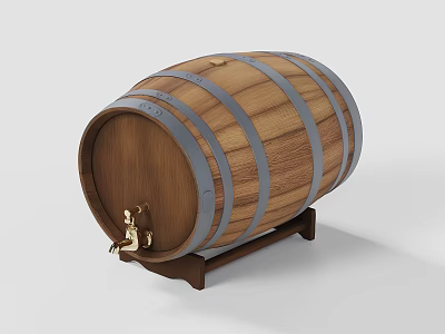 Wooden Barrel With Metal Hoops Stand And Golden Tap For Storage 3d model
