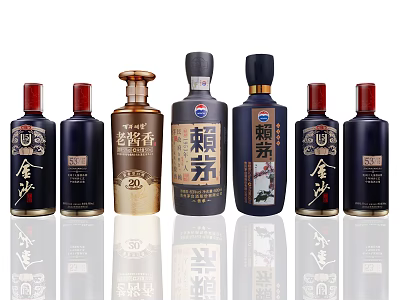 Chinese Liquor Bottles Collection Featuring Various Brands Golden And Dark Designs With Labels 3d model