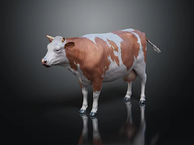 Brown And White Cow Standing On Black Background With Reflection 3d model