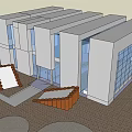 Modern Office Building with Glass Curtain Walls White Exterior Walls and Wooden Entrance Steps