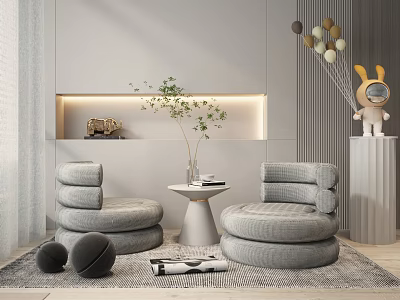 Casual Gray Round Sofa Set With Side Table Green Plant And Decor In Living Room 3d model