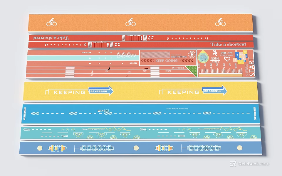Colorful Decorative Floor Tiles With Bicycle Patterns Road Signs And Text Elements 3d model