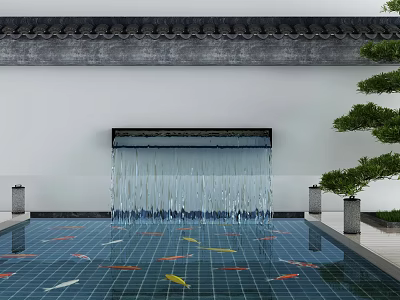 Garden Ornament With Waterfall Koi Fish Pond Stone Lanterns Green Trees And Gray Tile Roof 3d model