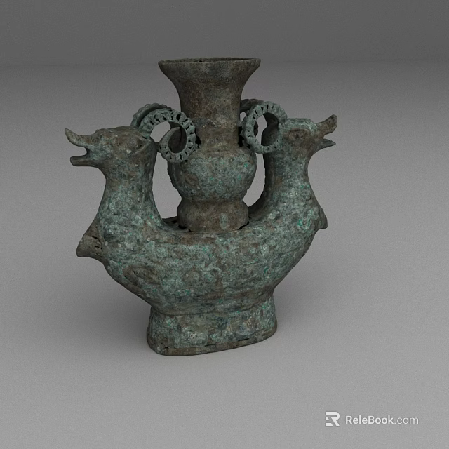 Ancient Bronze Vessel With Two Bird Heads And Ornate Decorative Design 3d model 