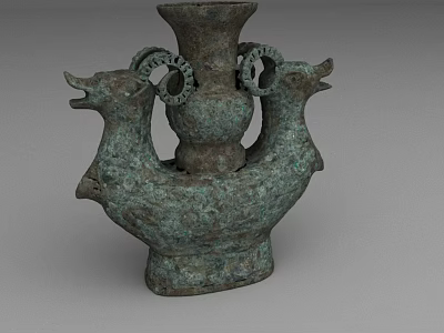 Ancient Bronze Vessel With Two Bird Heads And Ornate Decorative Design 3d model