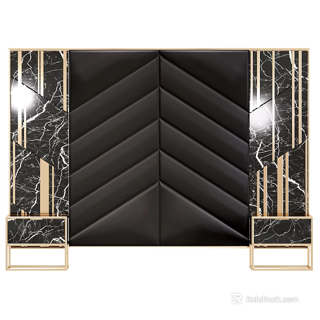 Modern Luxury Wall Design Featuring Black Chevron Pattern Gold Lines And Marble Texture 3d model