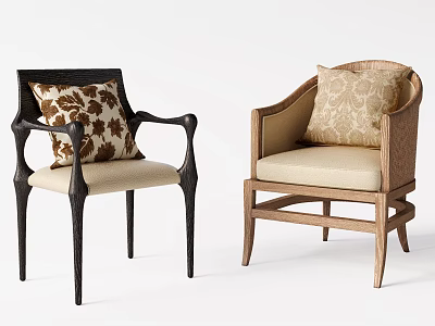 Accent Chairs With Black And Light Wood Frames Unique Armrests And Patterned Cushions 3d model