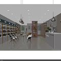 Modern Retail Store Interior With Shelves Display Products Tables Chairs Cashier Counter And Pendant Lights