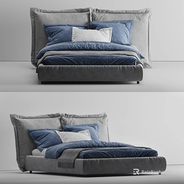 Single Bed With Blue Gray Pillows Cozy Bedding And Gray Upholstered Headboard 3d model 