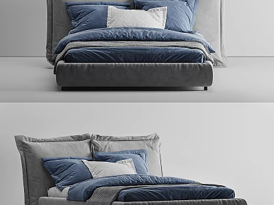 Single Bed With Blue Gray Pillows Cozy Bedding And Gray Upholstered Headboard 3d model