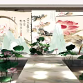 Floral Installation With Lotus Flowers Green Leaves And Traditional Figure In Chinese Garden