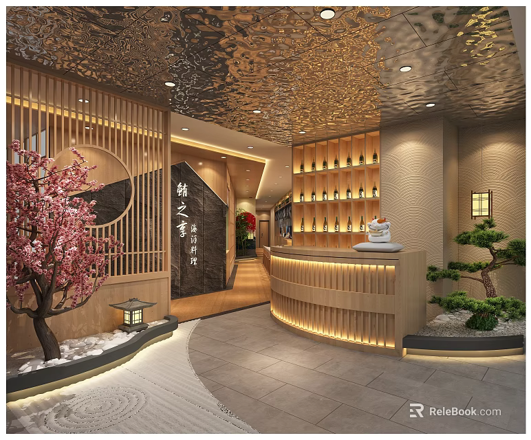 Traditional Japanese Restaurant Interior Design With Wooden Screen Pink Cherry Blossom Tree And Japanese Lanterns 3d model 