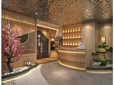 Traditional Japanese Restaurant Interior Design With Wooden Screen Pink Cherry Blossom Tree And Japanese Lanterns 3d model
