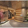 Traditional Japanese Restaurant Interior Design With Wooden Screen Pink Cherry Blossom Tree And Japanese Lanterns