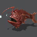 Red Deep Sea Monster Game Movie Character With Glowing Lure Sharp Teeth And Spiked Body