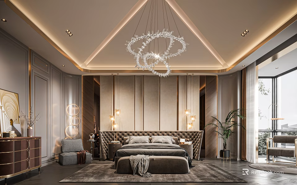 Elegant Modern Bedroom Interior With Crystal Chandelier Upholstered Headboard And Wall Sconces 3d model 