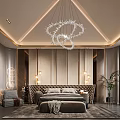 Elegant Modern Bedroom Interior With Crystal Chandelier Upholstered Headboard And Wall Sconces