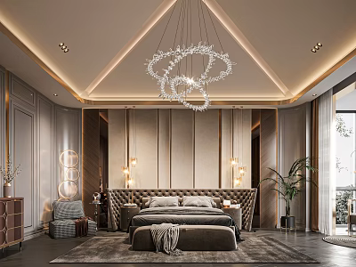 Elegant Modern Bedroom Interior With Crystal Chandelier Upholstered Headboard And Wall Sconces 3d model