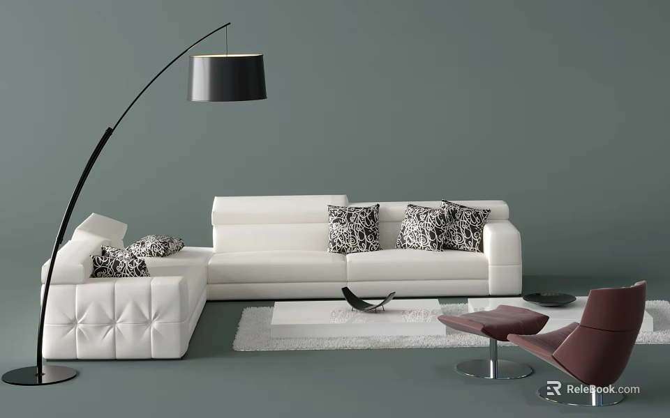 Modern White L Sofa With Patterned Cushions And Coffee Table Set On Gray Green Wall 3d model