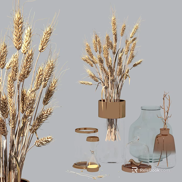 Decorative Wheat Ears Arrangement in Glass Vases with Copper Accents and Modern Decorative Elements 3d model 