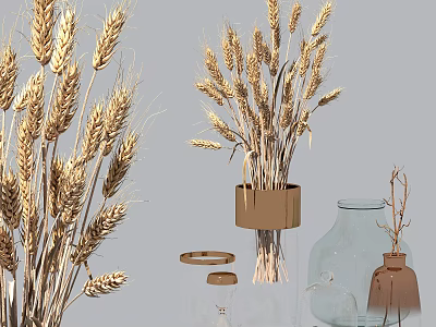 Decorative Wheat Ears Arrangement in Glass Vases with Copper Accents and Modern Decorative Elements 3d model