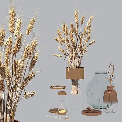 Decorative Wheat Ears Arrangement in Glass Vases with Copper Accents and Modern Decorative Elements 3d model