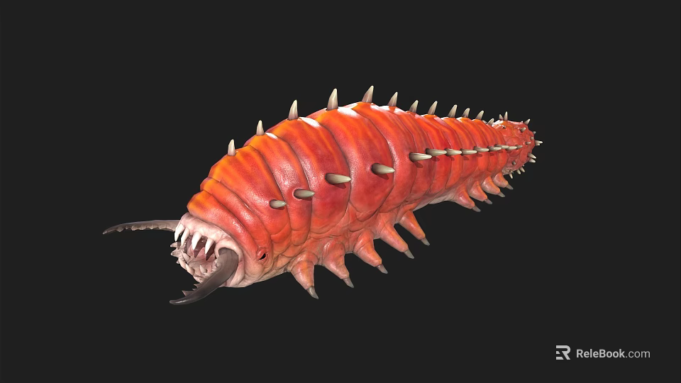 Red Spiky Creature With Segmented Body And Sharp Spines 3d model 