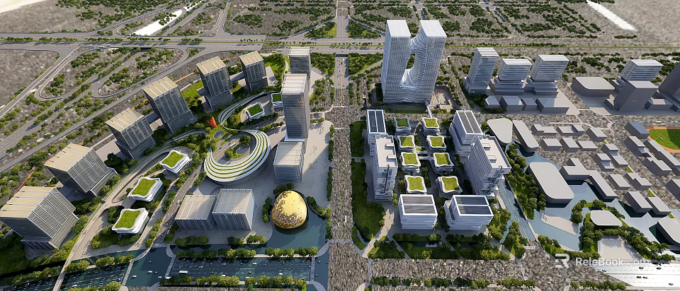 Tall Modern Office Buildings in Urban Area With Green Spaces and Surrounding Roads 3d model 