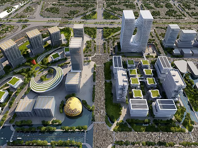 Tall Modern Office Buildings in Urban Area With Green Spaces and Surrounding Roads 3d model