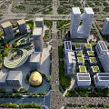 Tall Modern Office Buildings in Urban Area With Green Spaces and Surrounding Roads