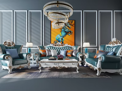 Elegant Luxury Sofa And Coffee Table Set With Chandelier Painting And Rug 3d model