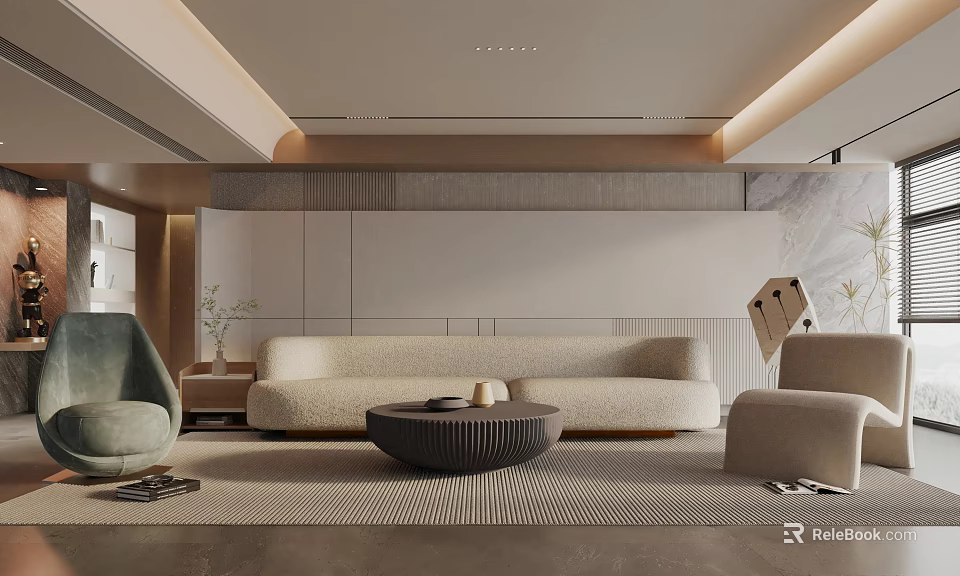 Elegant Modern Living Room Interior With Beige Sofa Round Coffee Table And Green Armchair 3d model 