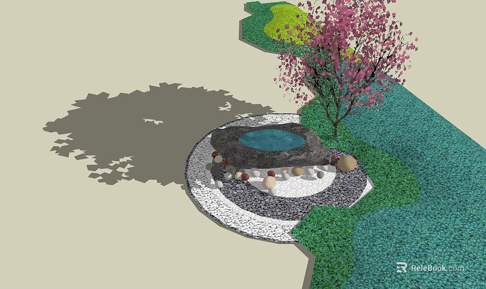 Garden Ornament Featuring Circular Water Feature Stones Pebbles Pink Flowering Tree And Green Plants 3d model 