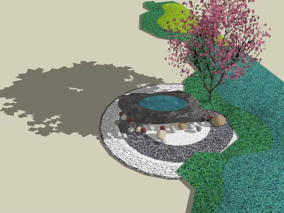 Garden Ornament Featuring Circular Water Feature Stones Pebbles Pink Flowering Tree And Green Plants 3d model