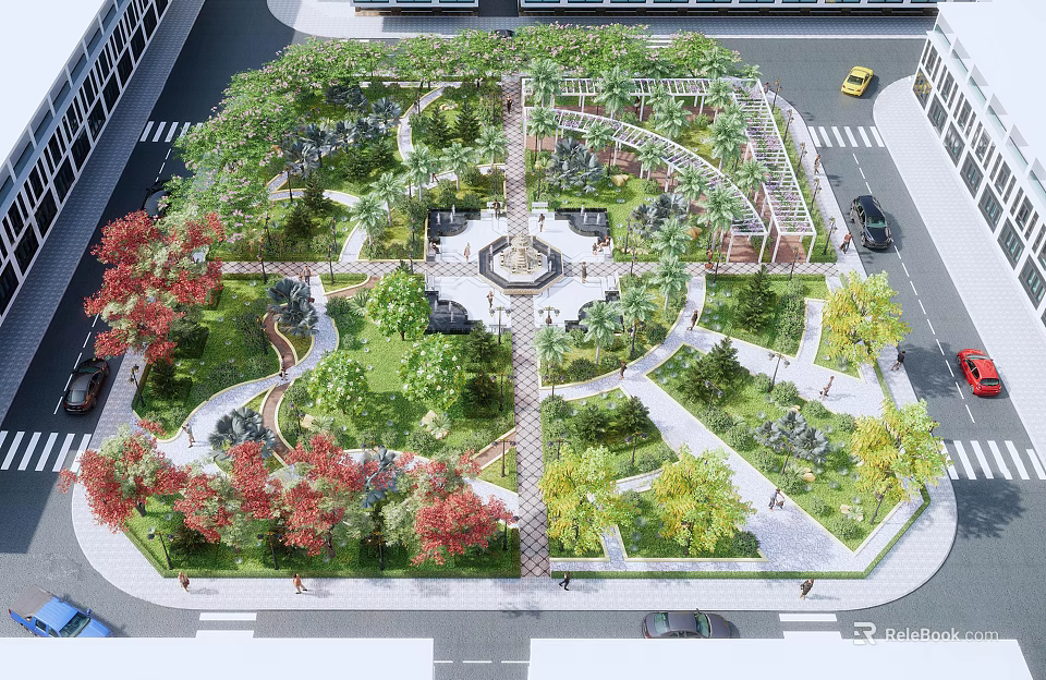Beautiful Park Landscape With Central Square Winding Pathways And Colorful Trees 3d model 