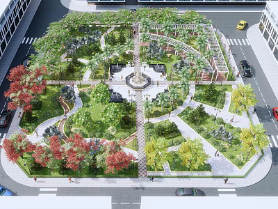 Beautiful Park Landscape With Central Square Winding Pathways And Colorful Trees 3d model