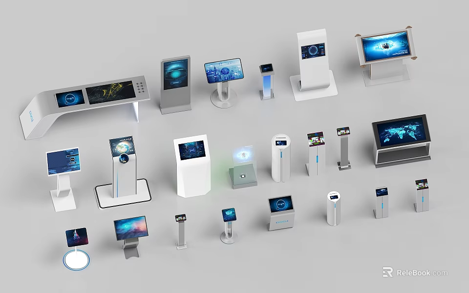 Modern Digital Wayfinding Display Systems With Standing Kiosks Tabletop Screens And Interactive Terminals 3d model