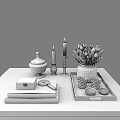 Decorative Ornament Set with White Tulips Gold Candlesticks Glass Jar Wooden Box and Marble Tray